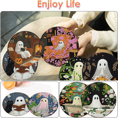 ijbnhd 8 Pack Halloween Diamond Art Coasters Kits, Halloween Diamond Painting Coasters Kit with Holder, DIY Ghost Diamonds Art Non Slip Coaster Crafts Kits for Adults Gifts 4x4 inch (Cork Wooden Pad)
