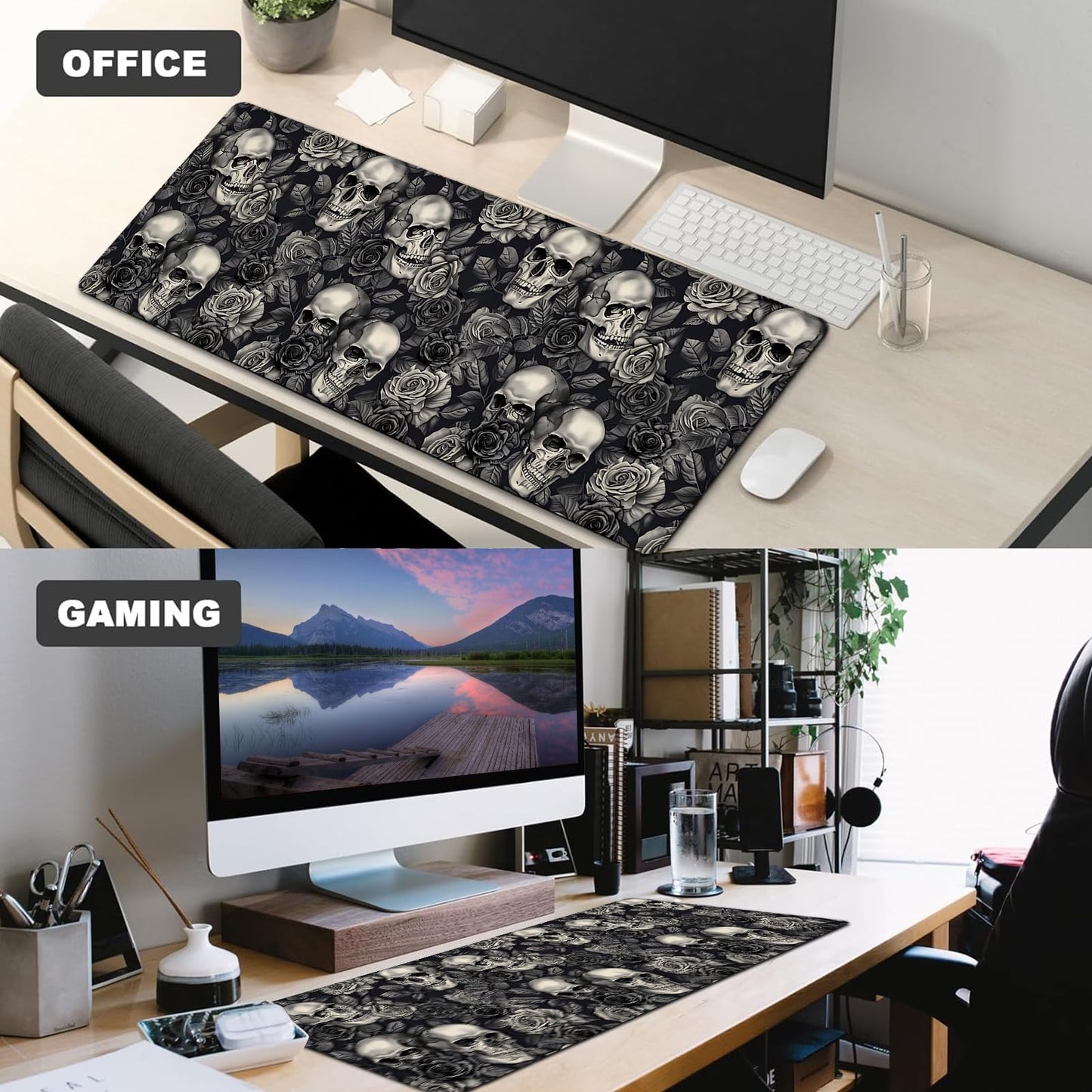 ainori Gothic Skull Gaming Mouse Pad,12x31.5in Non-Slip Rubber Rose and Elegant Goth Dark Desk Mat,Large Extended Halloween Mousepad for Office Home Laptop,Mice Pads Gifts,Game Lover Deskmat Decor
