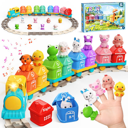 Cmiolacuna Train Set for Toddlers 2-4, Electric Toddler Train Set with Farm Animals, Music & Lights, Montessori Counting & Sorting Learning Toy, Birthday Easter for Boys Girls (Blue/Yellow)