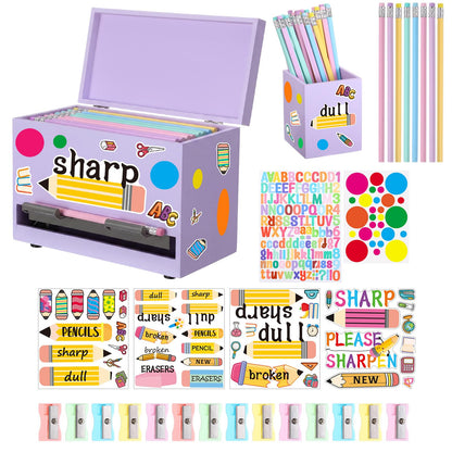 Watersay 108 Pcs Pencil Dispenser Kit for Classroom Wooden Sharp and Dull Pencil Holder 50 Pencils 50 Sharpener 6 Sticker Classroom Teacher Must Have Straw Dispenser for Back to School(Purple)