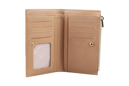 grande 2804 Genuine Leather Medium Bifold Wallet For Women Minimalist Wallet Ladies Zippered Mini Purse Small Card Holder (Cookie)