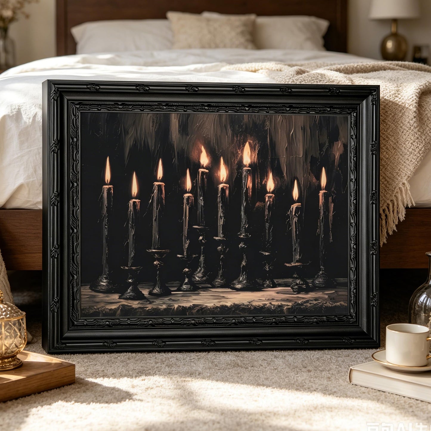 Framed Halloween Candle Canvas Wall Art,Dark Moody Painting Picture Wall Decor,Gothic Poster Print Art,for Bathroom Living Room Gallery Home Decoration 9x11in