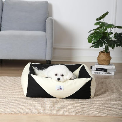 Cotton Canvas Dog Bed, Cute Dog Beds for Small Dogs, Puppy Bed with Washable Removable Cover, Durable 290 GSM Cotton Anti-Chewing Pet Bed with Anti-Slip Bottom (24"x20"x8", Black&White)