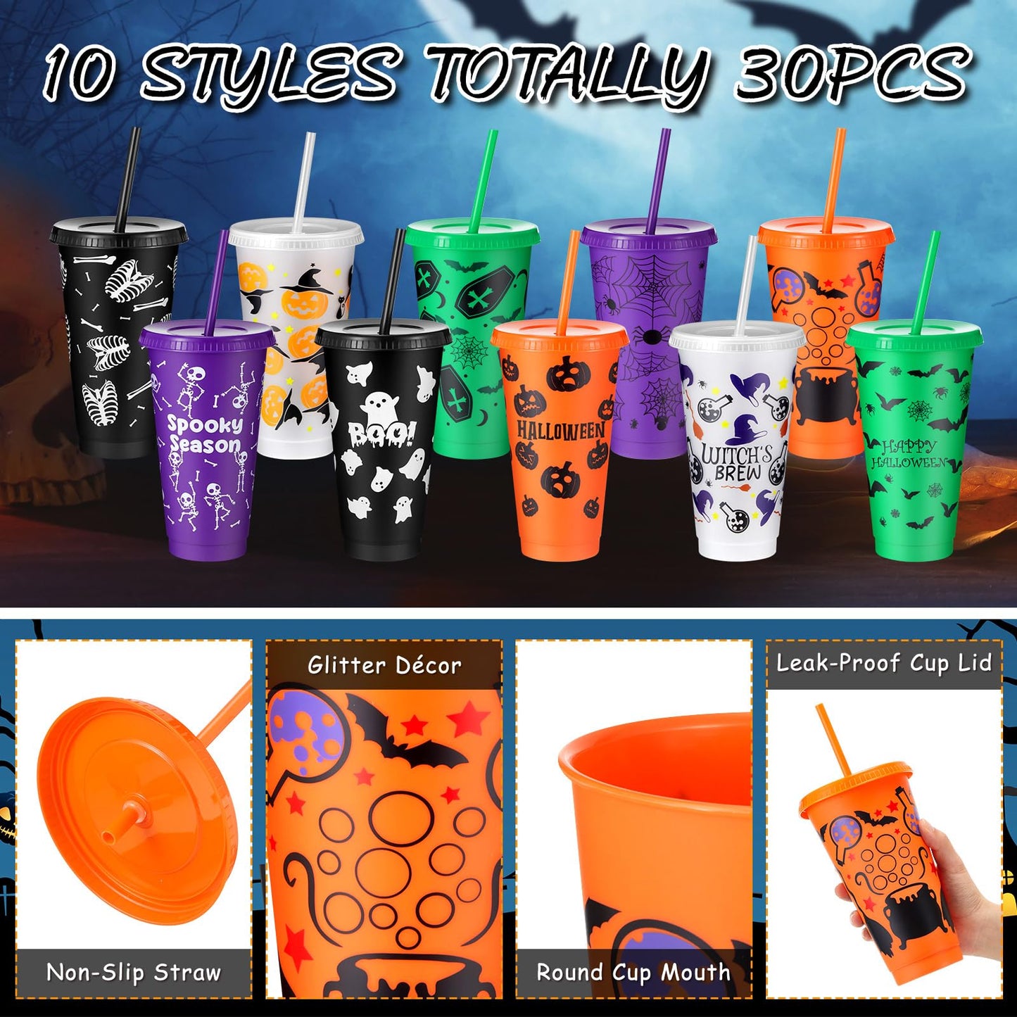 Chuangdi 30 Pack Halloween Plastic Tumbler with Lids and Straws Reusable Plastic Cups Spooky Cups Bulk for Kids Adults Halloween Party Birthday Supplies (24 oz,Ghost)