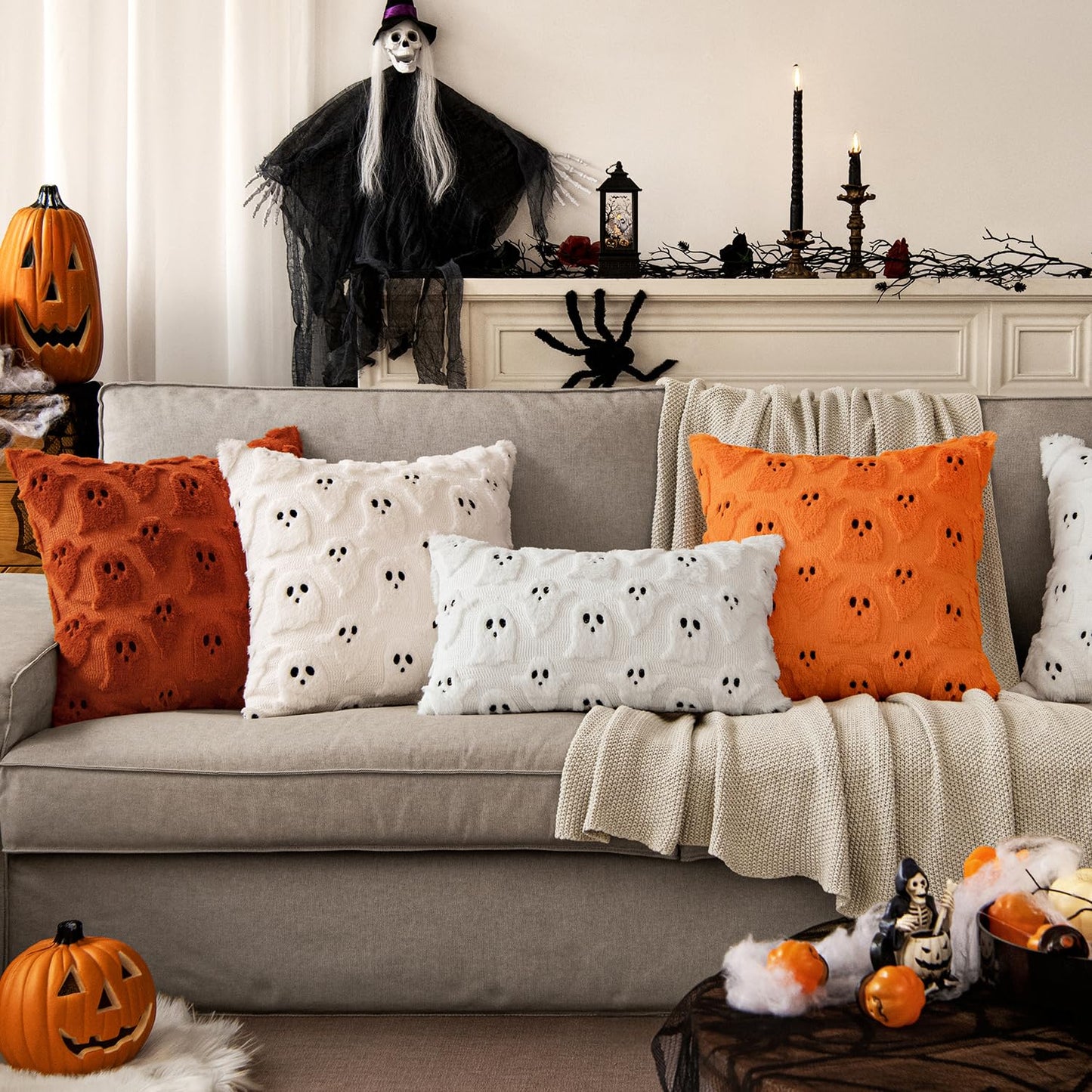 MIULEE Halloween Pillow Covers Cute Ghost Spooky Throw Pillows Set of 2 Soft Plush Faux Fur Fall Decorative Cushion Covers for Couch Sofa Bed Porch Living Room Autumn Decor 18x18 inch Orange