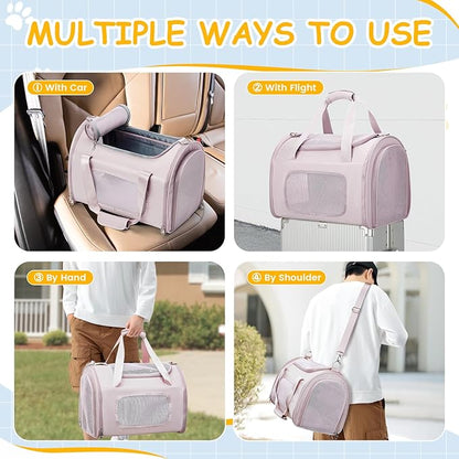 Cat Carrier Soft, Pet Dog Carrier Soft-Sided Airline Approved, Pet Travel Carrier Up to 20lbs, Collapsible Cat Carrier Dog Carrier for Medium Cats Small Dogs, Pink