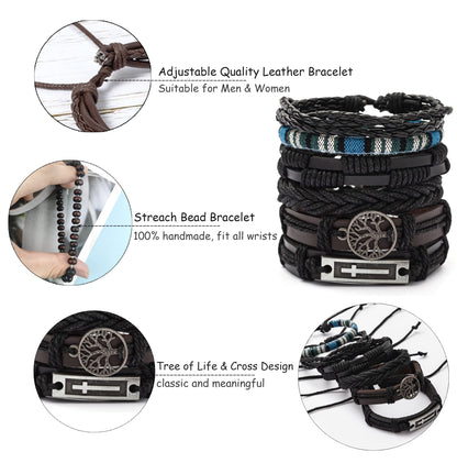 FIRAZIO 27Pcs Braided Leather Bracelets for Men Women Wrap Wood Beads Cuff Bracelet Hemp Cords Ethnic Tribal Handmade Wrap Wristband Bracelets Set Adjustable