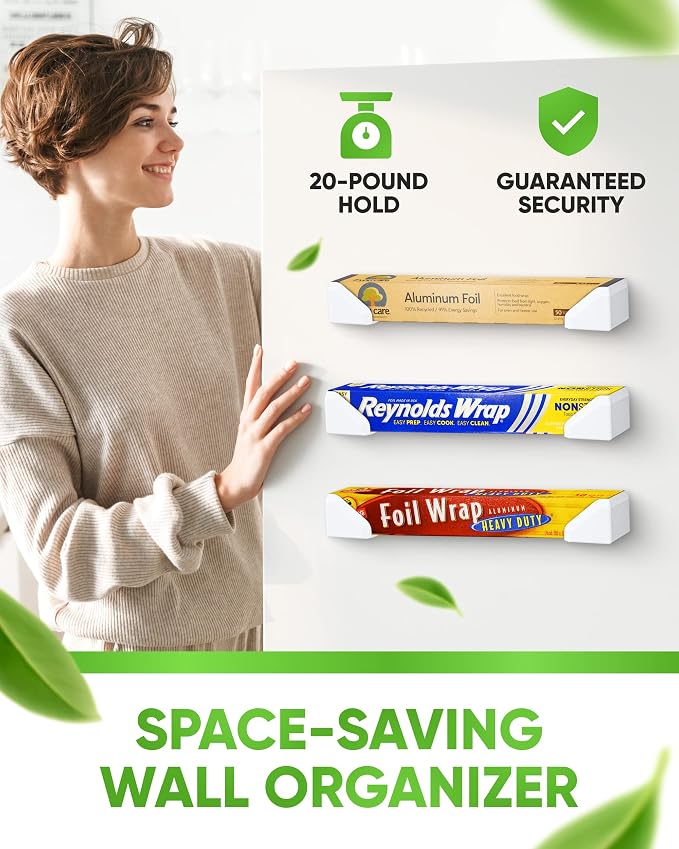 Skywin Adhesive Foil and Plastic Wrap Organizer, Fits Box Width up to 2.63in/67mm Aluminum Foil Organization and Storage – Heavy Duty Holder (White)