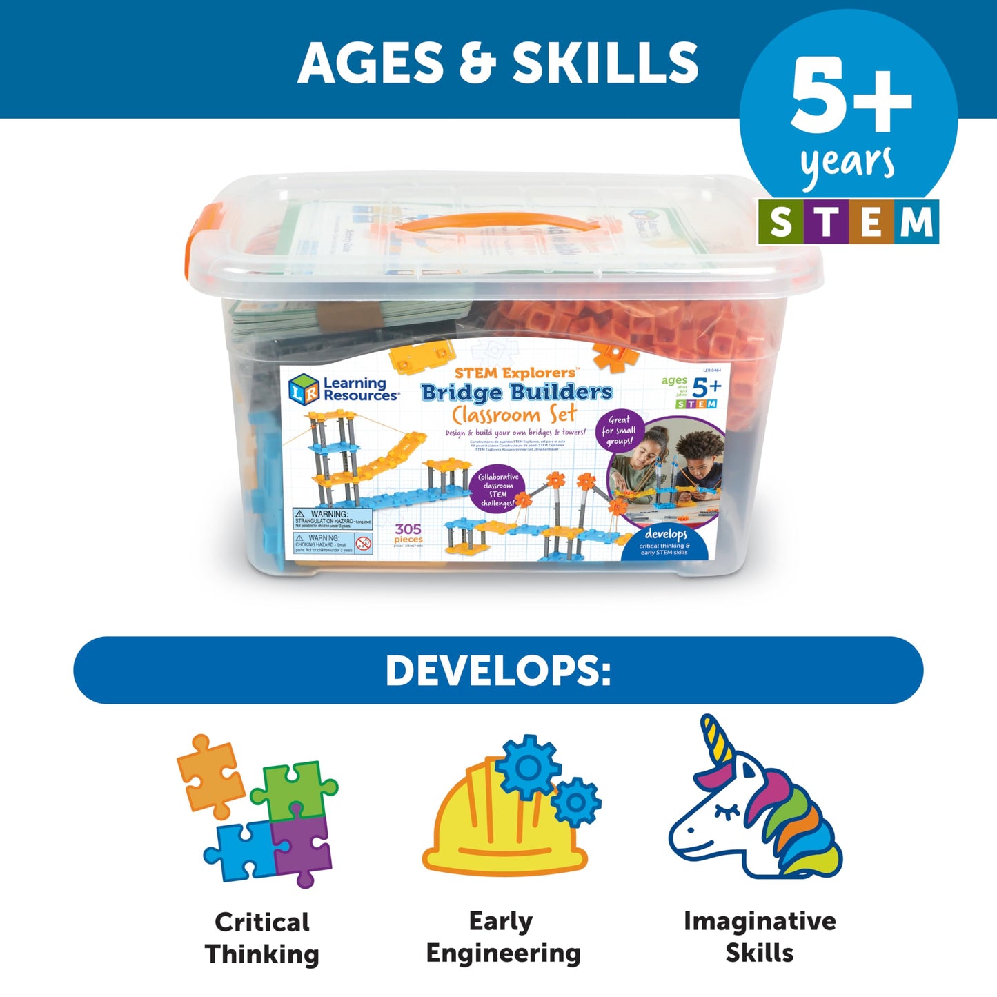 Learning Resources STEM Explorers Bridge Builders Classroom Set, 305 Pieces, STEM Projects for Students Ages 5+, Back to School and Teacher Supplies