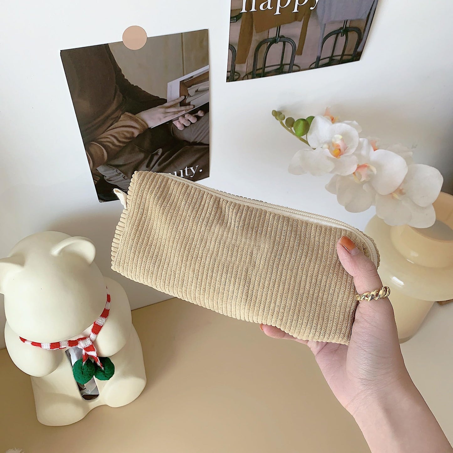 OZAOZ Cute Pencil Case Aesthetic Student Pencil Pouch Coin Pen Pouch Cosmetic Bag Office Stationery Organizer For Kids Teen School (Khaki)