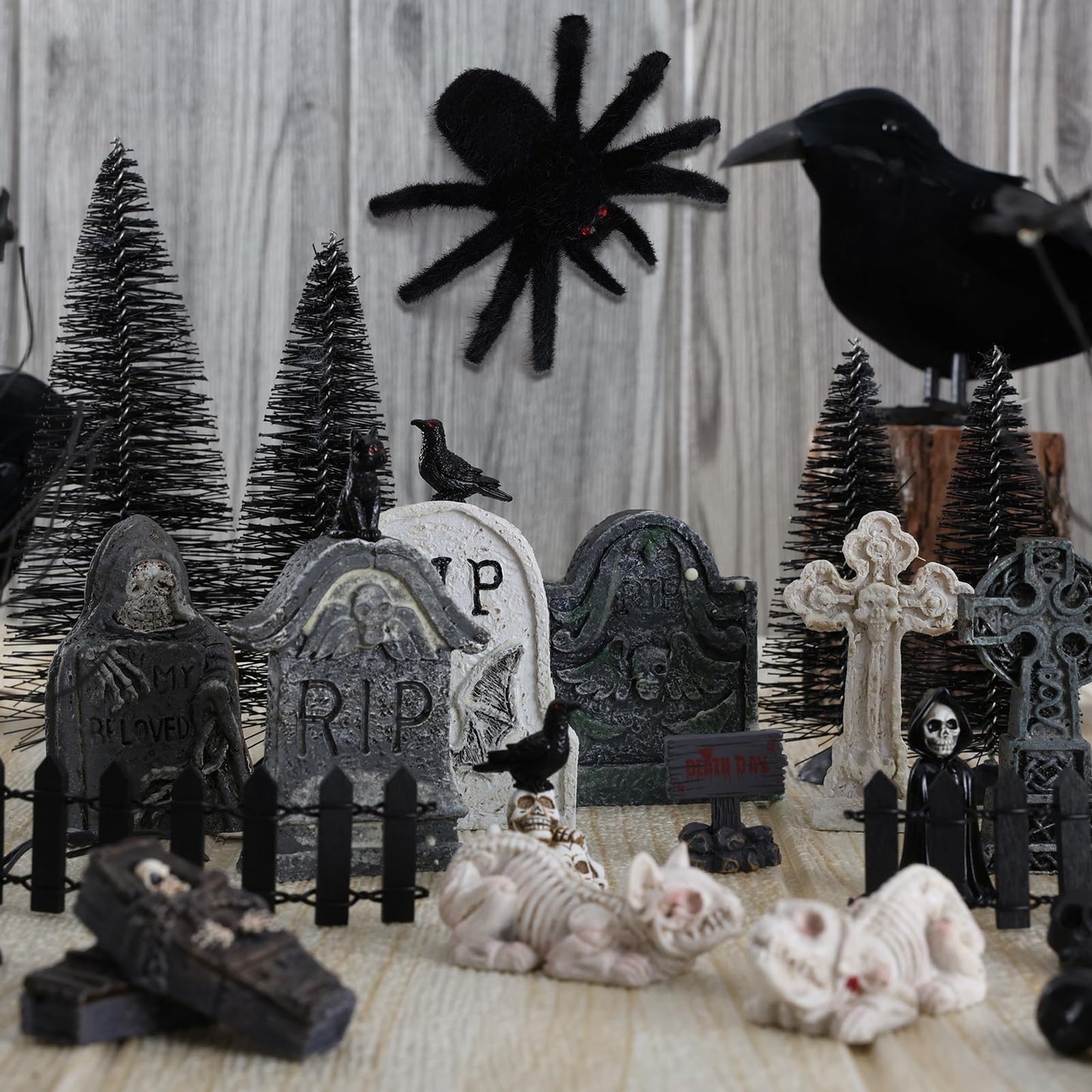 YLOLUL 48 Pcs Fluorescent Halloween Village Accessories Miniature All Saints' Day Figurines Glow in The Dark Mini Tombstones Skeleton Tiny Trees for Halloween Town Decorations Party Table Decor