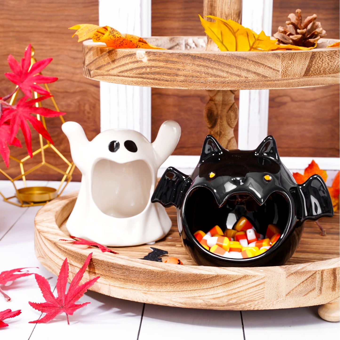 Whaline 2Pcs Halloween Candy Bowls MIni Halloween Candy Dish Candle Holder Trick or Treat Bat Ghost Ceramic Dish for Tiered Tray Ornament Tableware Holiday Party Decor Supplies Gift