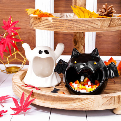 Whaline 2Pcs Halloween Candy Bowls MIni Halloween Candy Dish Candle Holder Trick or Treat Bat Ghost Ceramic Dish for Tiered Tray Ornament Tableware Holiday Party Decor Supplies Gift