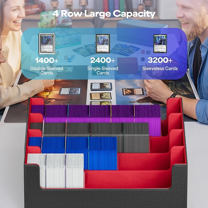 UAONO Trading Card Storage Box, Holds 2400 Sleeved Cards with 24 Dividers & 4 Stoppers, Magnetic Closure PU Leather Card Case for MTG, PTCG, YGO, Sports Cards (Black&Red)