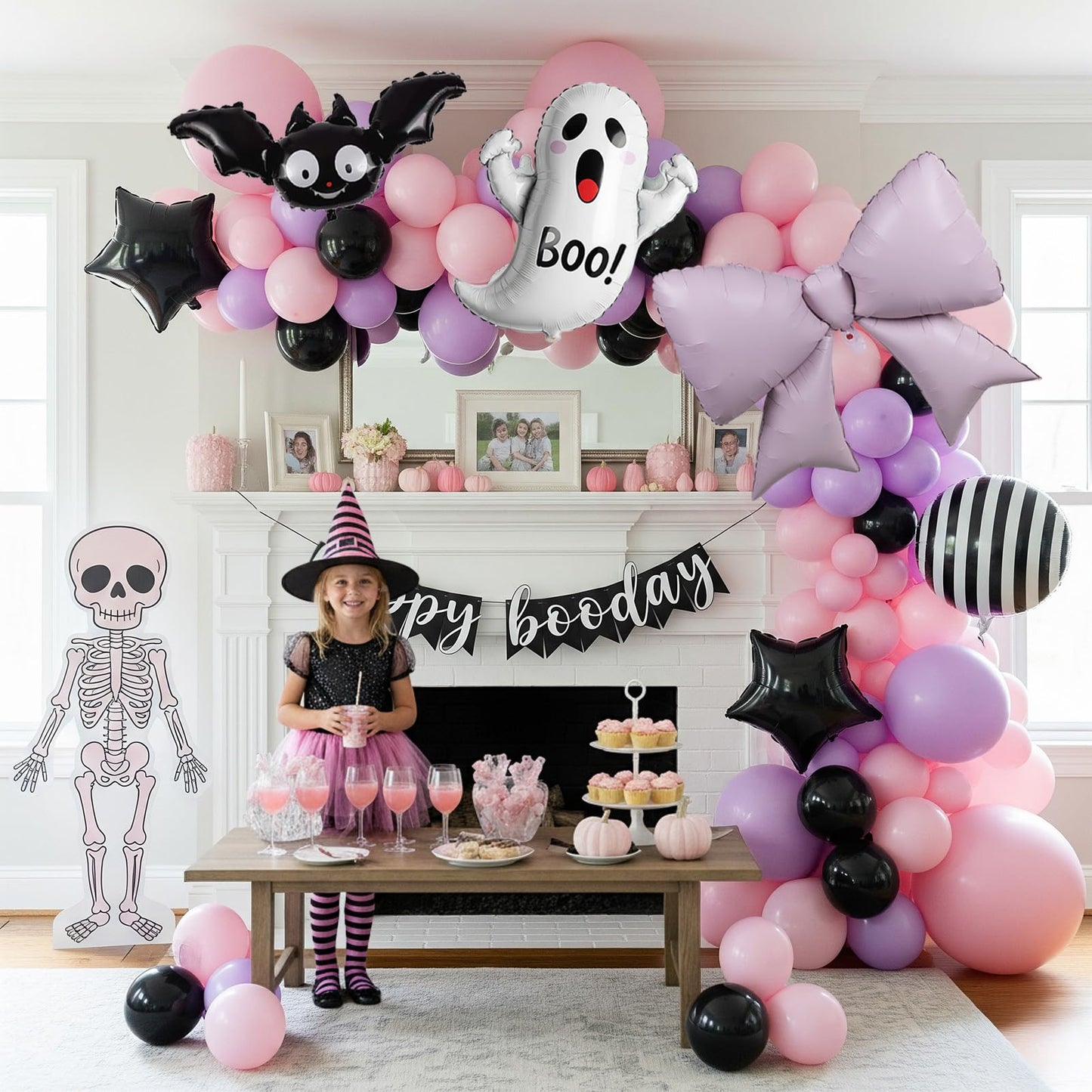 Halloween Little Boo Balloon Arch Kit Pink Purple Balloons with Cute Ghost Balloons Little Boo star bow balloons for Baby Shower Birthday Party Halloween Party Decoration