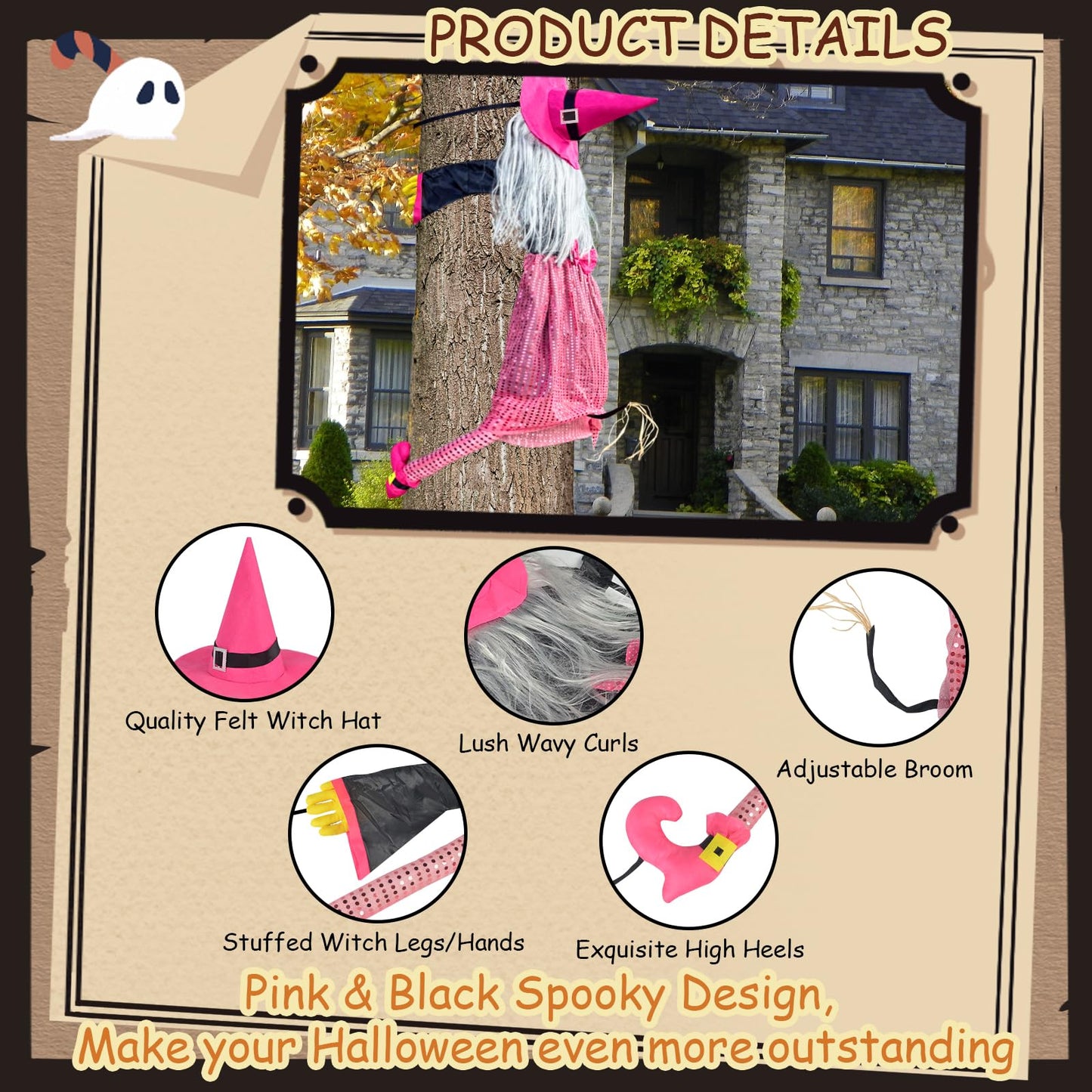 Mewcooss 67" Large Crashing Witch Halloween Decor - Pink Witch Halloween Decor Crashing into Tree Props Halloweens Flying Witches Decoration with Broom for Outdoor Backyard Garden & Lawn