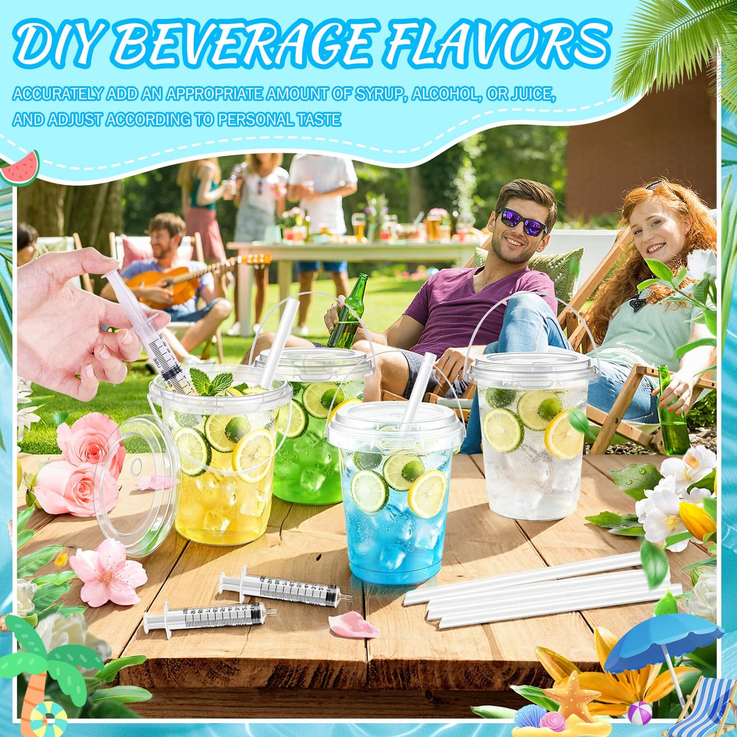 34oz Drink Buckets with Lids & Straws, 30 Pack Clear Party Buckets