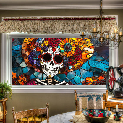 HOMETITUTE Day of The Dead Window Film 39.3x17.7 Inch Sugar Skull Windows Cling Halloween Calavera Glass Sticker for Glass Dia de Los Muertos Removable Gothic Window Art Decoration