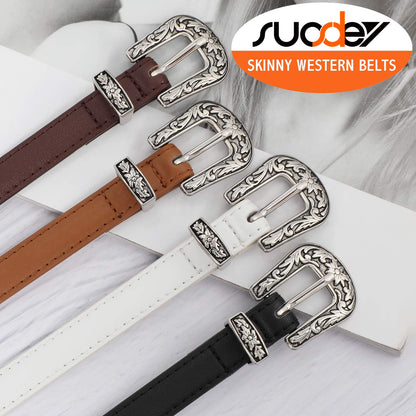 SUOSDEY Western Skinny Leather Belts for Women Adjustable Thin Waist Belt for Dresses with Vintage Buckle