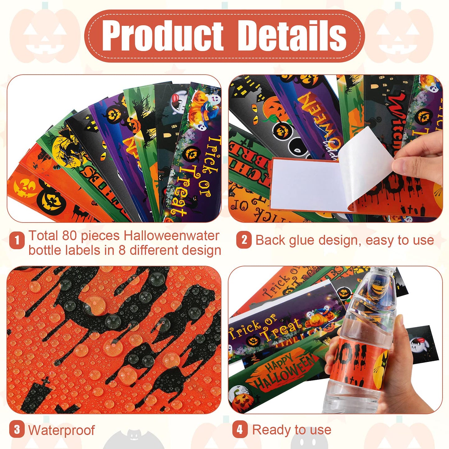 Marspark 80 Pieces Halloween Water Bottle Labels Ghost Witches Pumpkin Wrap Stickers Bottle Wrappers Halloween Party Supplies Decor Waterproof Colorful Party Water Bottle Label Sticker, 8.5 x 2 Inches