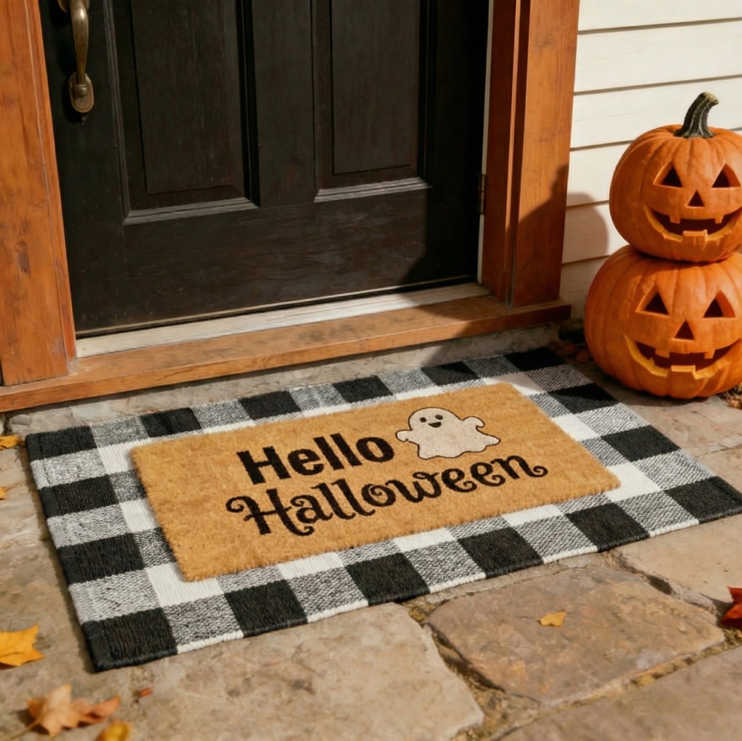 SKYPEA 2 Pcs Halloween Coir Doormat for Home 27.5 x 43 Inches with Black & White Buffalo Plaid Rug, Layered Non Slip Welcome Mats for Halloween Party, Patio & Indoor Outdoor Decor