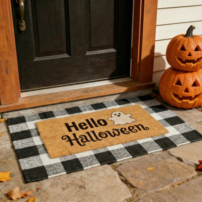 SKYPEA 2 Pcs Halloween Coir Doormat for Home 27.5 x 43 Inches with Black & White Buffalo Plaid Rug, Layered Non Slip Welcome Mats for Halloween Party, Patio & Indoor Outdoor Decor