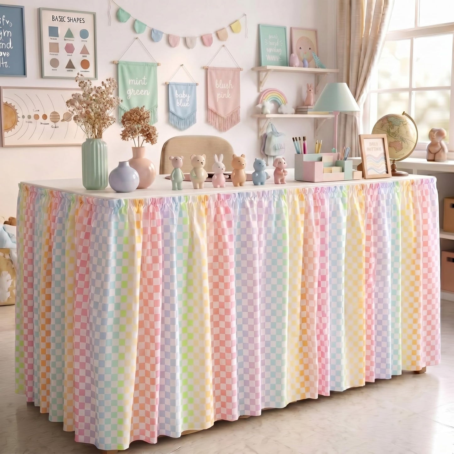 Breling Teacher Desk Skirts 6 ft Checkered Table Skirt Pastel Ruffled Table Skirt Back to School Supplies for Classroom Teacher Office Desk Decor