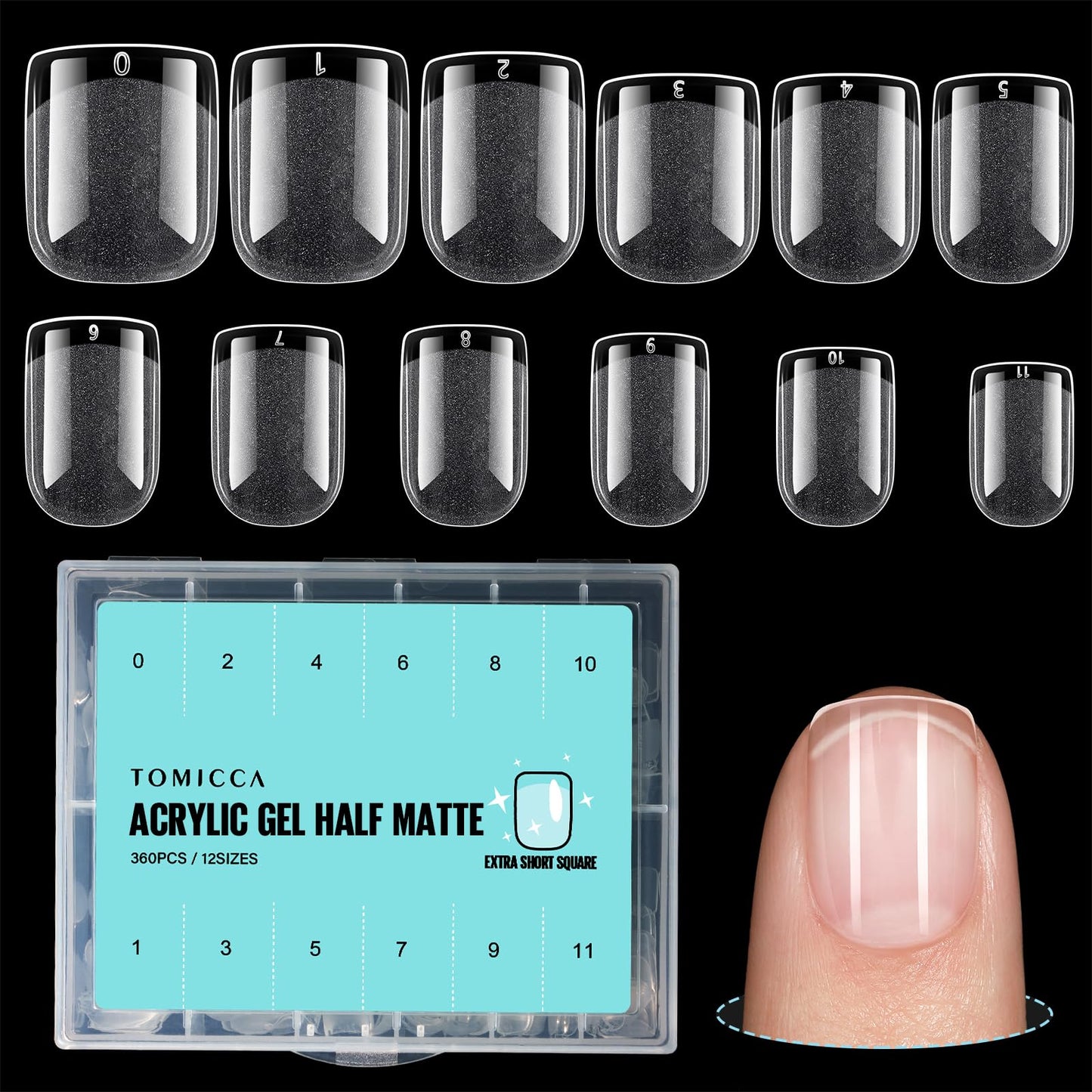 TOMICCA Short Nail Tips Extra Short Square Nail Tips, 192Pcs Fake Nails 12 Sizes Acrylic Clear Nails for Beginner and Professional DIY Gel Nails Salon