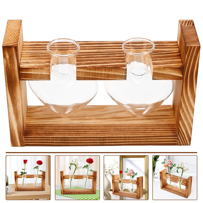 CORHAD Heart-Shaped Glass Plant Terrarium with Wooden Stand, Hydroponic Vase for Home and Office Décor, Creative Glass Flower Vase for Live Plants, 2pcs Set