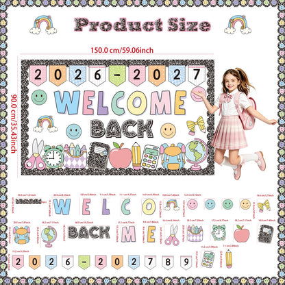 2026-2027 Welcome Back Bulletin Board Decorations Set with Borders Composition Notebook Smile Cutouts Decor for Teachers Back to School Bulletin Board for Class School Classroom Chalkboard Wall Decor