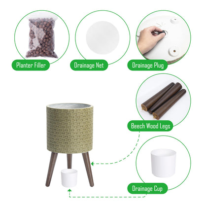D'vine Dev 10 Inch Modern Geometric Tile Patterned Sleek Planter Pot with Stand, Indoor Outdoor Decorative Plant Holder, Distressed Olive, 88-Z-B-4