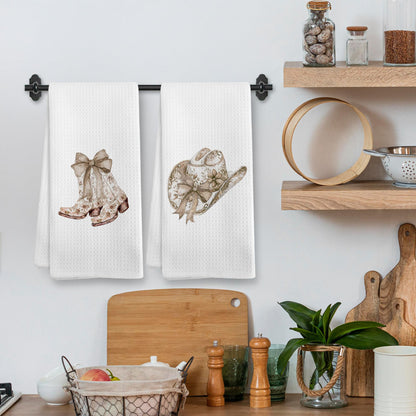 XNXLDYLH Preppy Bow Western Bath Kitchen Towels and Dishcloths Sets of 2, Coquette Brown Beige Tan Cowgirl Chinoiserie Floral Home Bathroom Decor Dish Hand Tea Towels for Bathroom Kitchen, 16x24 Inch