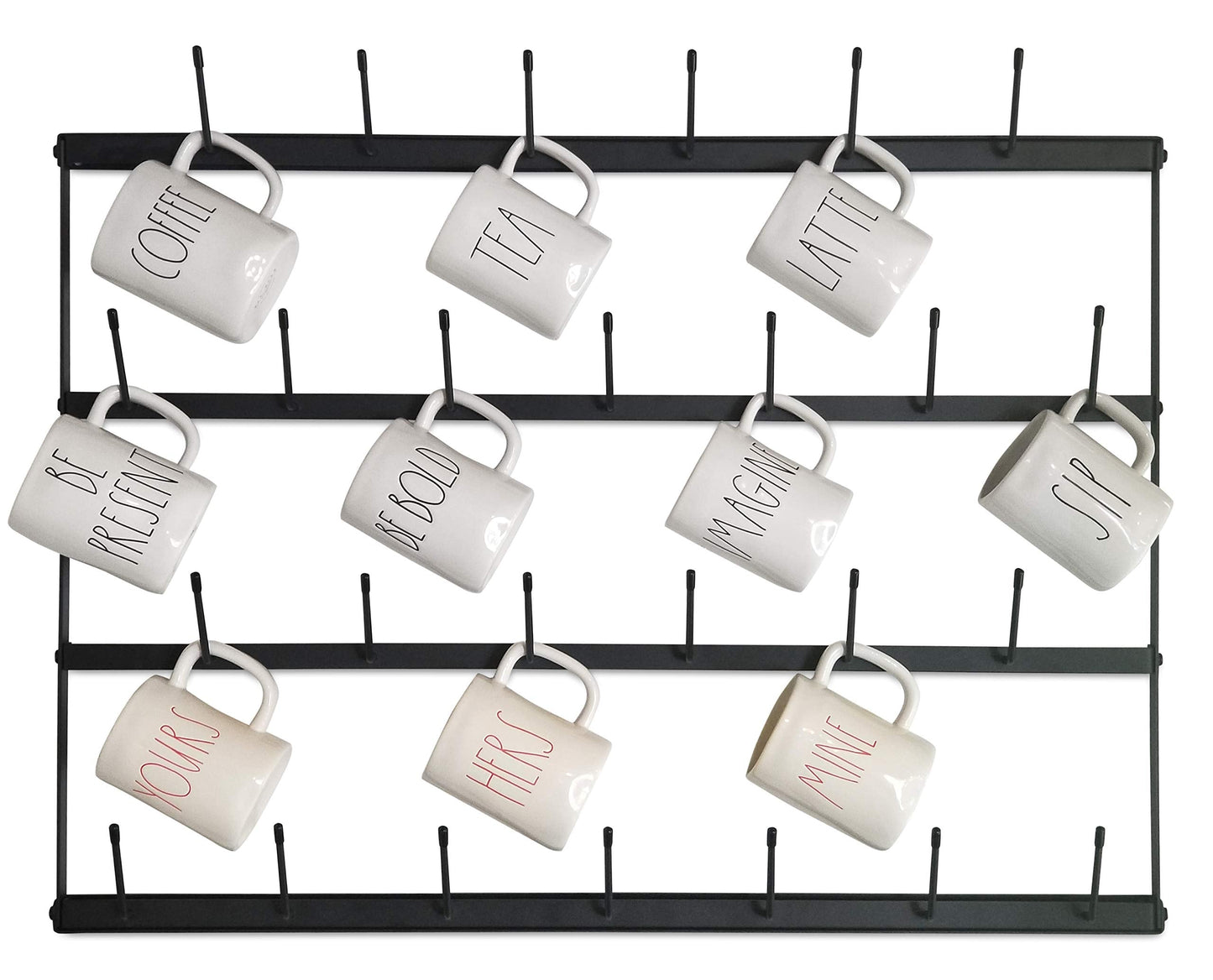 Claimed Corner Mug Rack with Sturdy Steel Frame, Matte Black Finish, Removable Rubber Caps, Wall Mounted (Horizontal 34" x 23.5")