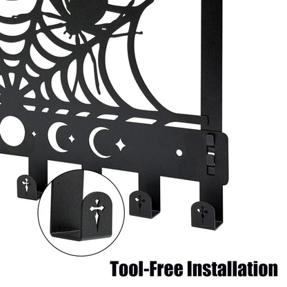 Gothic Spider Web Over The Door Hooks - 8-Hook Set with Moon Phase & Cross Design for Halloween Spooky Bathroom Decor | Metal Towel Hanger for Goth Home Accessories | Halloween Gothic Wall Organizer