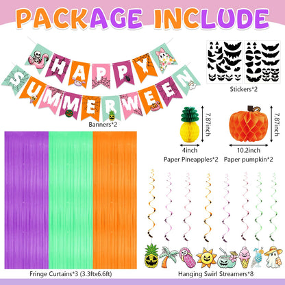 91Pcs Summerween Decorations Set - Summer Halloween Party Decorations with Happy Summerween Banner, Ghost Pineapple Balloons, Honeycomb Balls & Swirls - Spooky Summer Party Supplies for Birthday