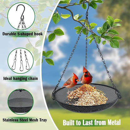 Hanging Bird Feeder for Outdoors – 12 in Platform Bird Feeder, Metal Mesh Seed Tray for Wild Birds, Black