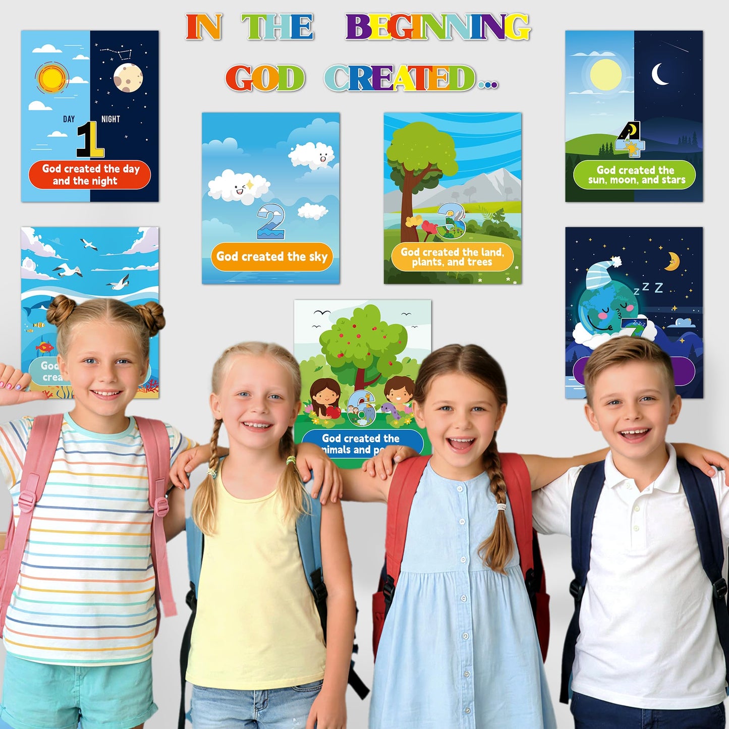 HoniedPepperino 7 Days of Creation Poster - 13.7x11in God Created The World Educational Paper Wall Art for Sunday School Decorations, Back to School Teacher Supplies & Bulletin Board for VBS