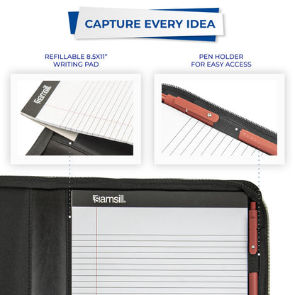 Samsill Contrast Stitch Leather Zippered Portfolio Folder/Business Portfolio for Men and Women, Resume/Document Organizer with Writing Pad, Black (71720)