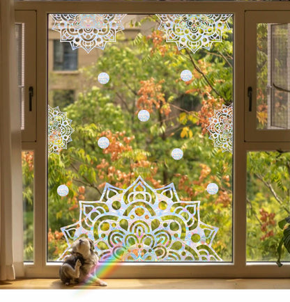 Large Mandala Window Clings for Glass Windows Big Mandala Window Stickers Lotus Flower Window Decals Static Cling Anti-Collision Window Stickers for Bird Strikes Sun Catcher Rainbow Stickers