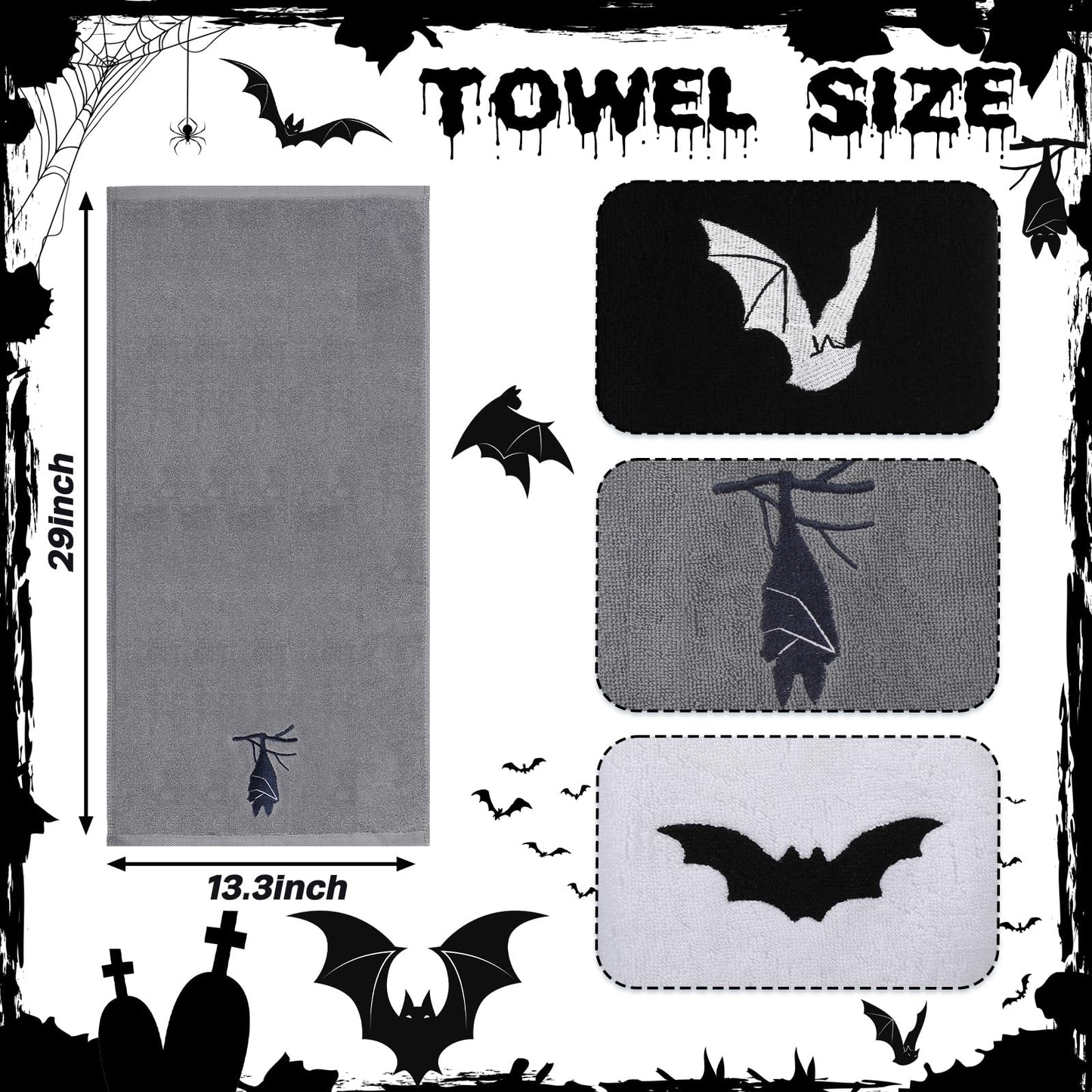 Breling 3 Pcs Kitchen Hand Towels 13.3 x 29 Inch Towels for Bathroom Soft Embroidered Home Decoration for Goth Kitchen Halloween Birthday Gifts(Polyester,Bat)