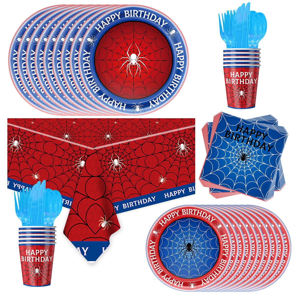 96Pcs Spider Birthday Party Tableware, Spiderweb Theme Plates Napkins Cups Forks Knives Spoons Banner Party Supplies