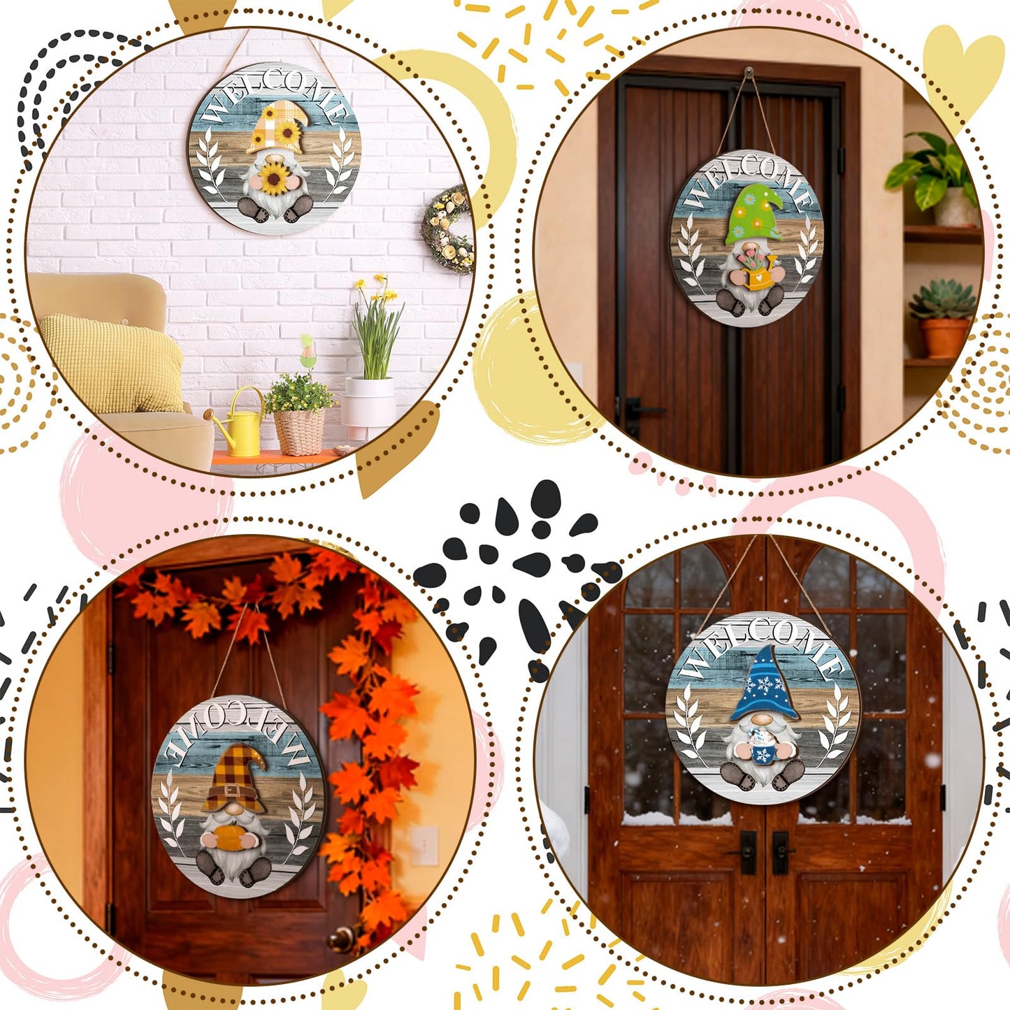 Qunclay Antique Interchangeable Wooden Gnome Decor Holiday Seasonal Gnome Decorations with Magnet Pieces and Detachable Hats Changeable Welcome Sign for Home