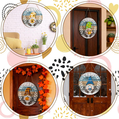 Qunclay Antique Interchangeable Wooden Gnome Decor Holiday Seasonal Gnome Decorations with Magnet Pieces and Detachable Hats Changeable Welcome Sign for Home