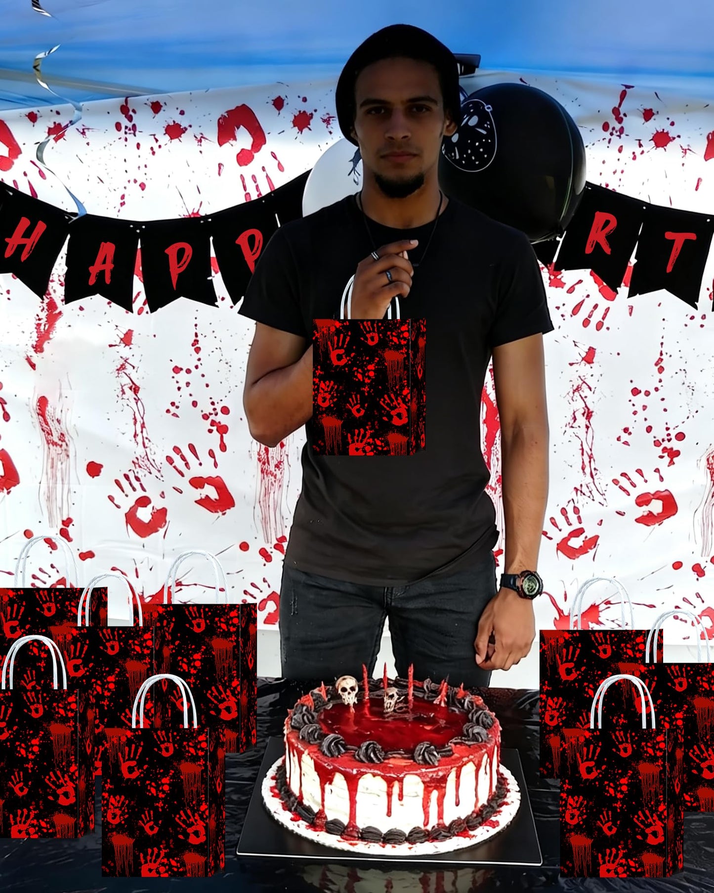 Roselush 16Pcs Bloody Goodie Gift Bags - Horror Bloody Handprint Party Favor Treat Bags for Bloody Birthday, Scary Movie Birthday Decorations, Serial Killer Halloween, Slasher Party Decorations