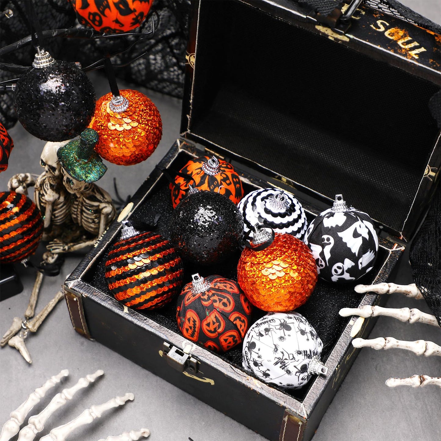 Zeyune 16 Pcs Halloween Ball Ornaments for Tree 2 Inch Halloween Tree Decorations Pumpkin Ghost Bat Spider Glitter Ornaments with Sequins for Holiday Party Decor