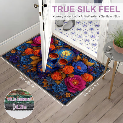 Floral Sugar Skull 2x3 Entryway Rug, Day of the Dead Mexican Small Accent Rug, Washable Low-Pile Welcome Mat for Front Door, Gothic Blue Skull Area Rug for Bedroom, Office, Halloween Home Decor