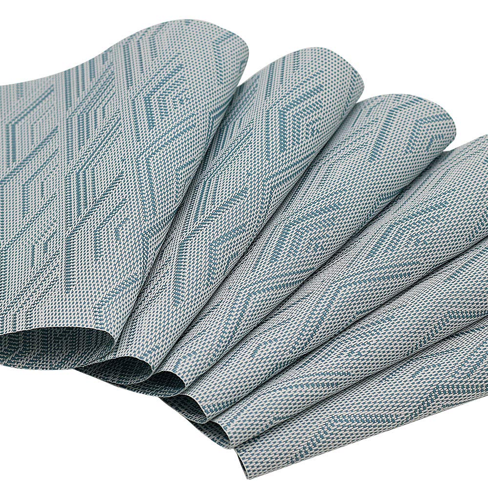 Kreatur Round Table Placemats Set of 6,Woven Vinyl Wedge Placemats Heat Resistant Table Mats Wipe Clean (Light Blue)