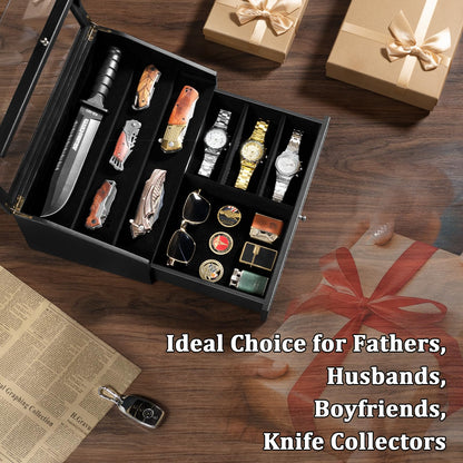 Emfogo Pocket Knife Display Case, Large Knife Collection Box for Folding Knives & EDC Gear, Solid Wood Knife Organizer with Transparent Lid & Drawer, Collector-Grade Gift for Men (Black)