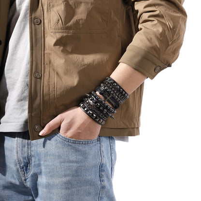 Eigso Punk Cross Leather Cuff Bracelets for Men Women Retro Vintage Chain Bracelet Set for Man Woman