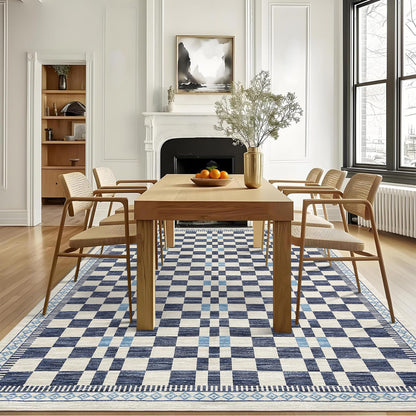 GarveeHome 5x7 Area Rug for Baby Room Non-Slip Low Pile Stain-Resistant Living Room Carpet Modern Abstract Checkered Dining Rugs No-Shedding Machine Washable Area Rug for Dorm Home Office Bedroom Blue
